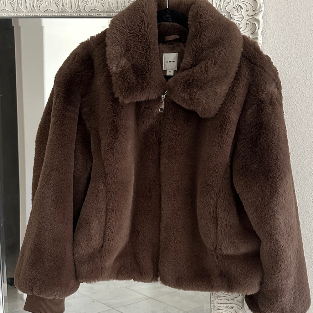 Anthropologie Maeve Plush Faux Fur Jacket in Chocolate Brown